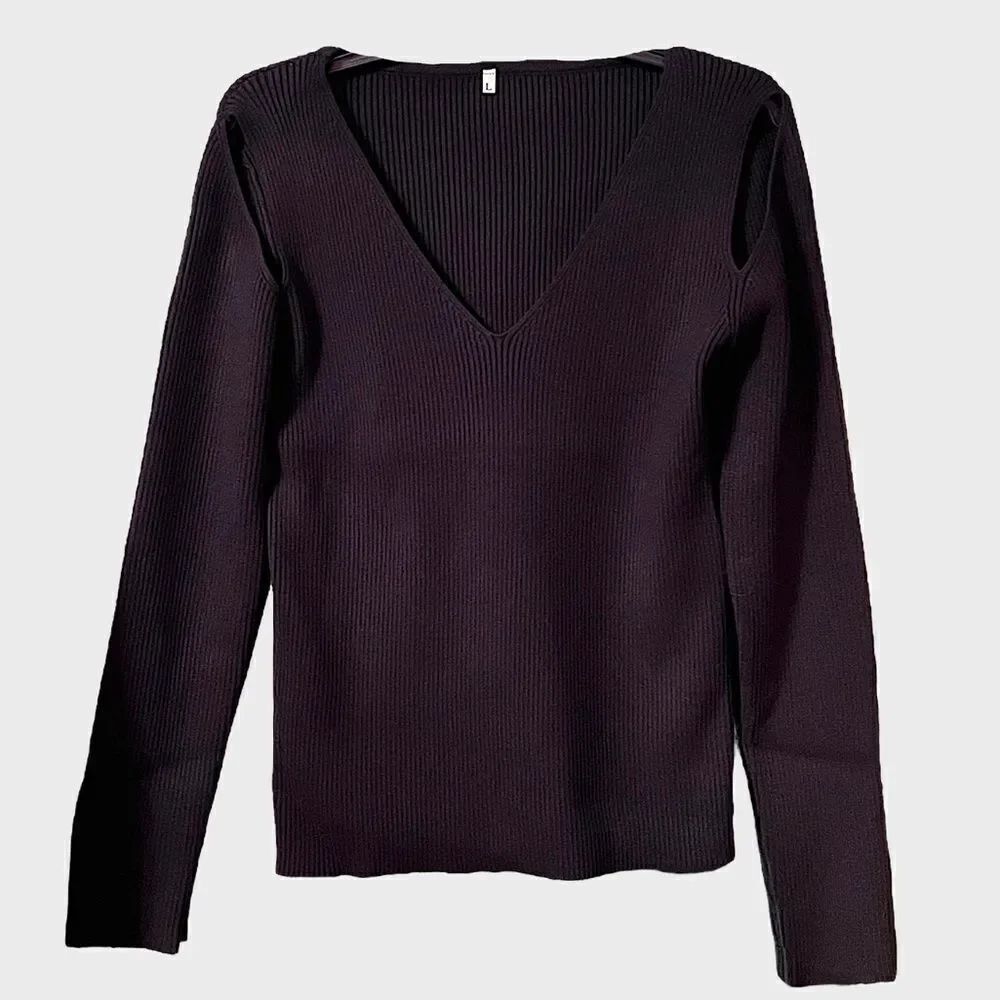 Women's Cold Shoulder V Neck Sweater Long Sleeve In Black Size L NWT